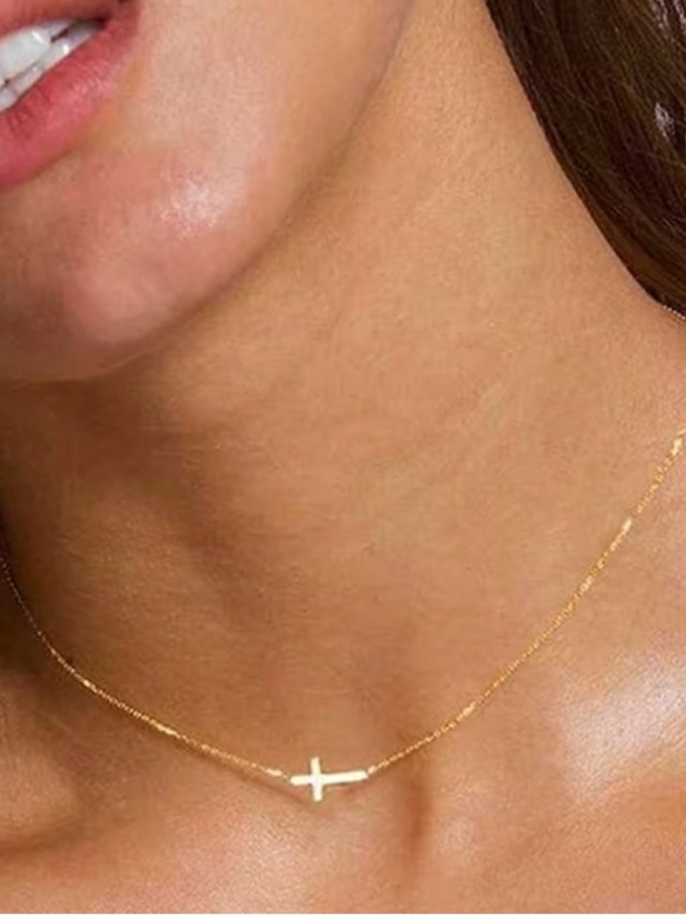 Gold Side Cross Necklace - Women's Minimal Pendant